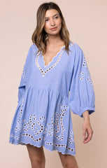 Loose Mini Dress w/ Oversized Cutwork - Blue/White