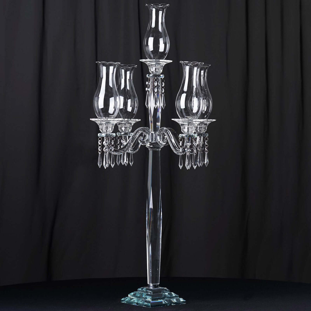 5 Arm Crystal Glass Taper Candle Holder Candelabra 40" - Luxurious Table Centerpiece With Chandelier Chains