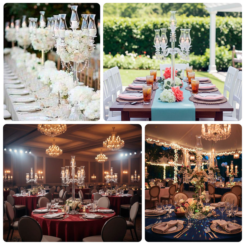 5 Arm Crystal Glass Taper Candle Holder Candelabra 40" - Luxurious Table Centerpiece With Chandelier Chains