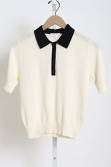 Celia Waffle Pointelle Polo Top - Ecru / Black