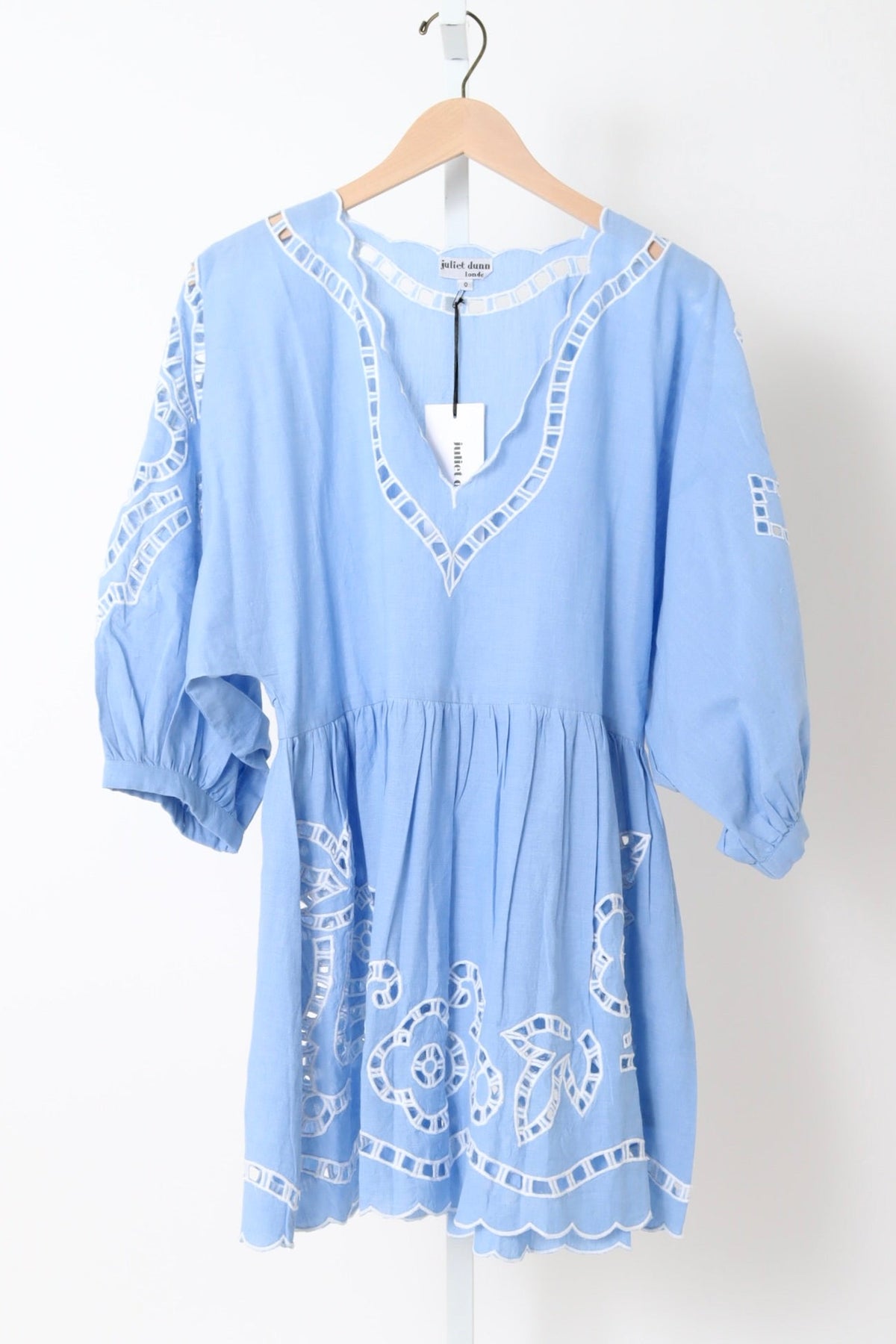 Loose Mini Dress w/ Oversized Cutwork - Blue/White