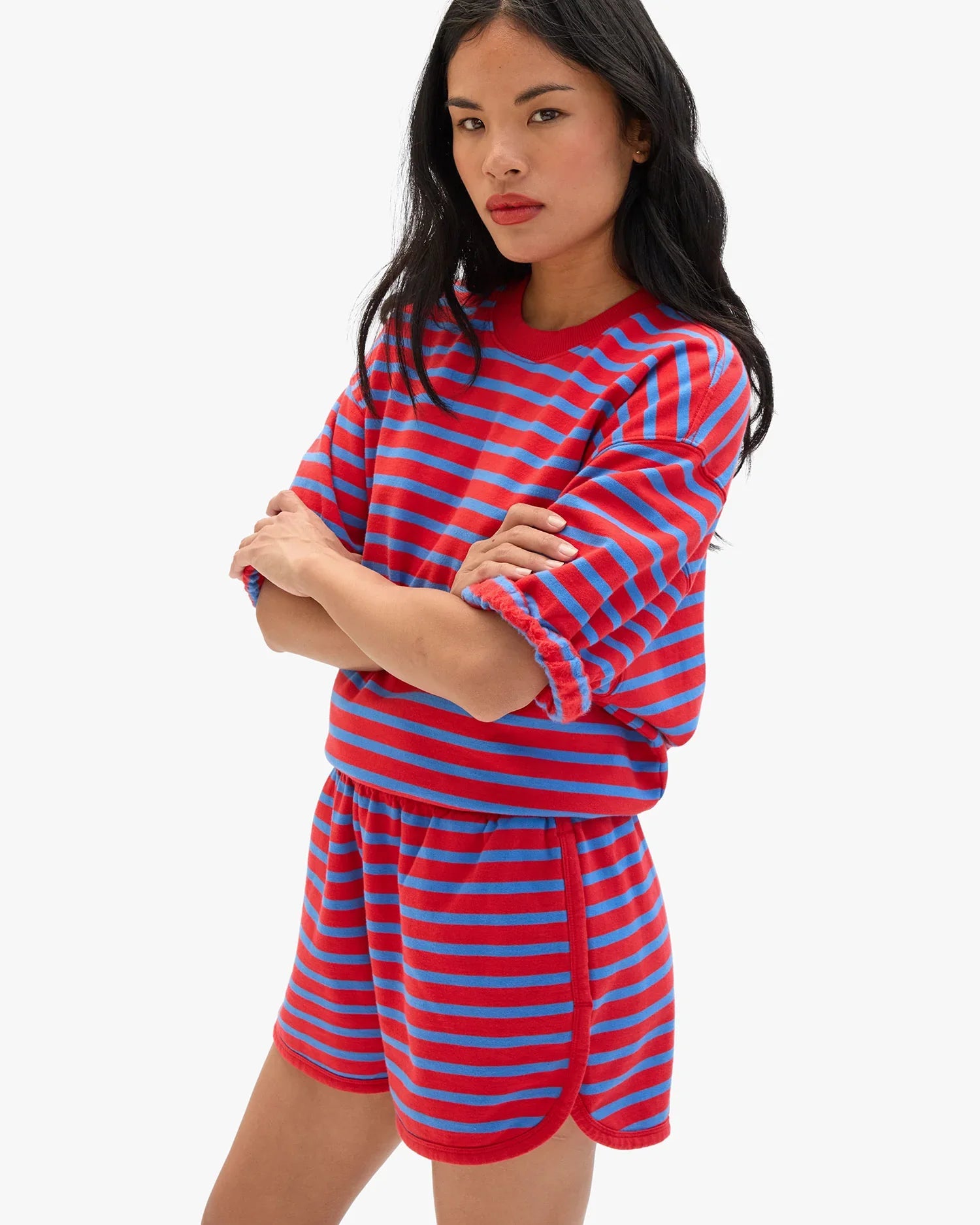 Short Sleeve Oversized Sweatshirt  - Red/Bright Cobalt Stripes