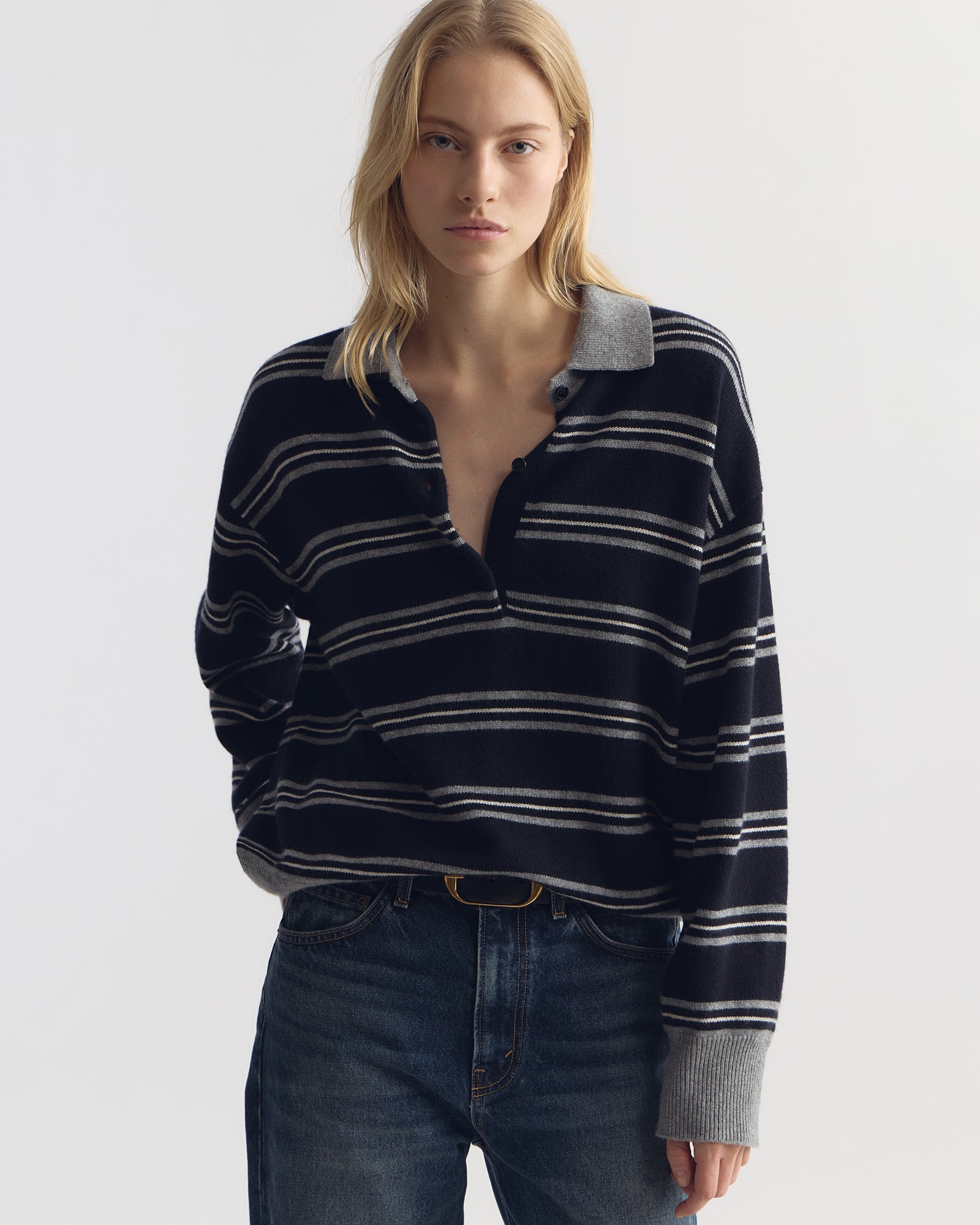 Galvez Stripe Polo - Dark Navy/Grey Stripe