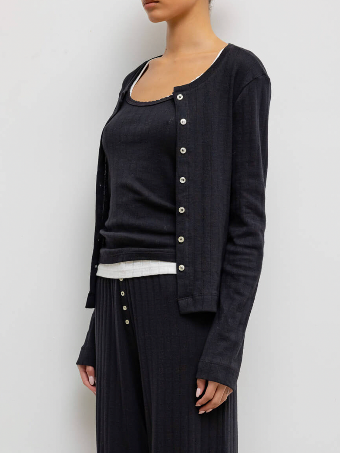 Pointelle Classic Crew Cardigan - Black