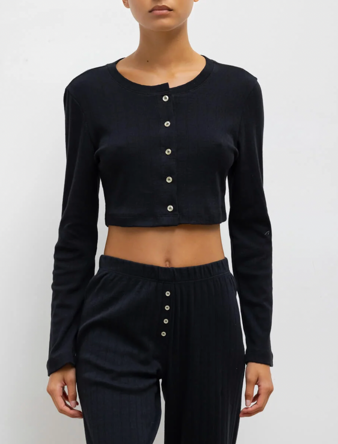 Pointelle Crop Cardigan - Black