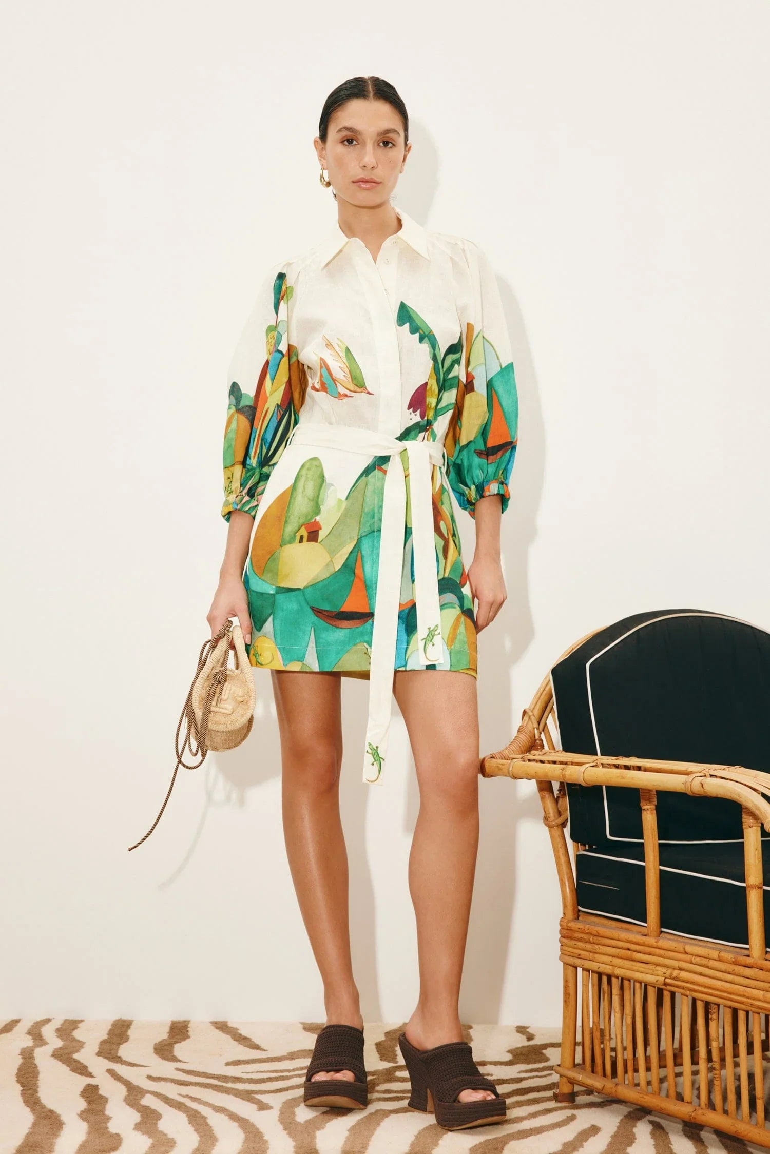 Mokshini Mini Dress - White/Green Multi