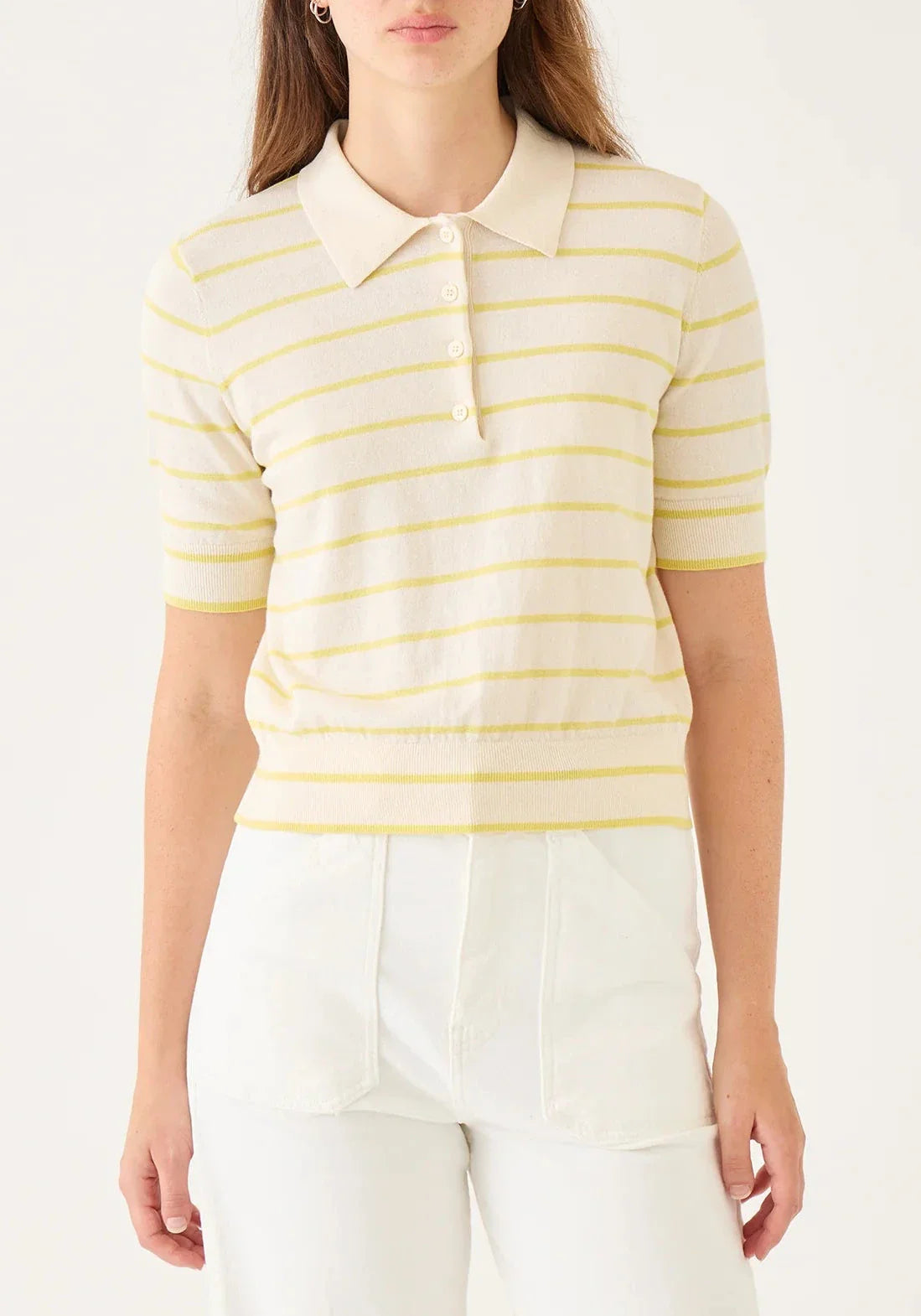 Cameron Stripe Cotton Polo Top - White/Citron