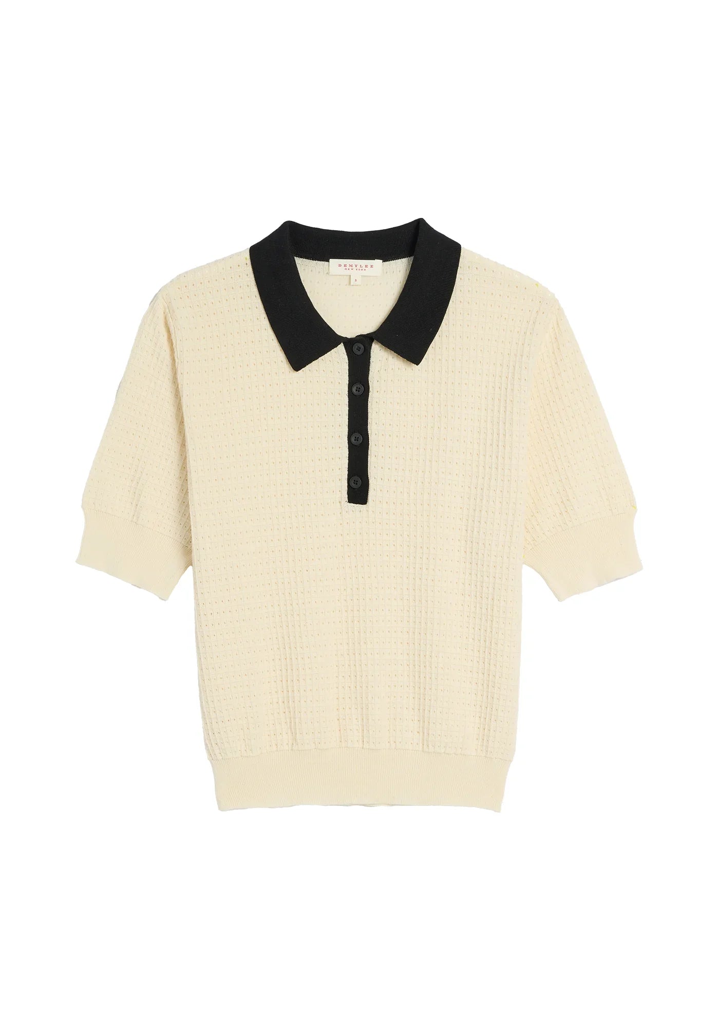 Celia Waffle Pointelle Polo Top - Ecru / Black