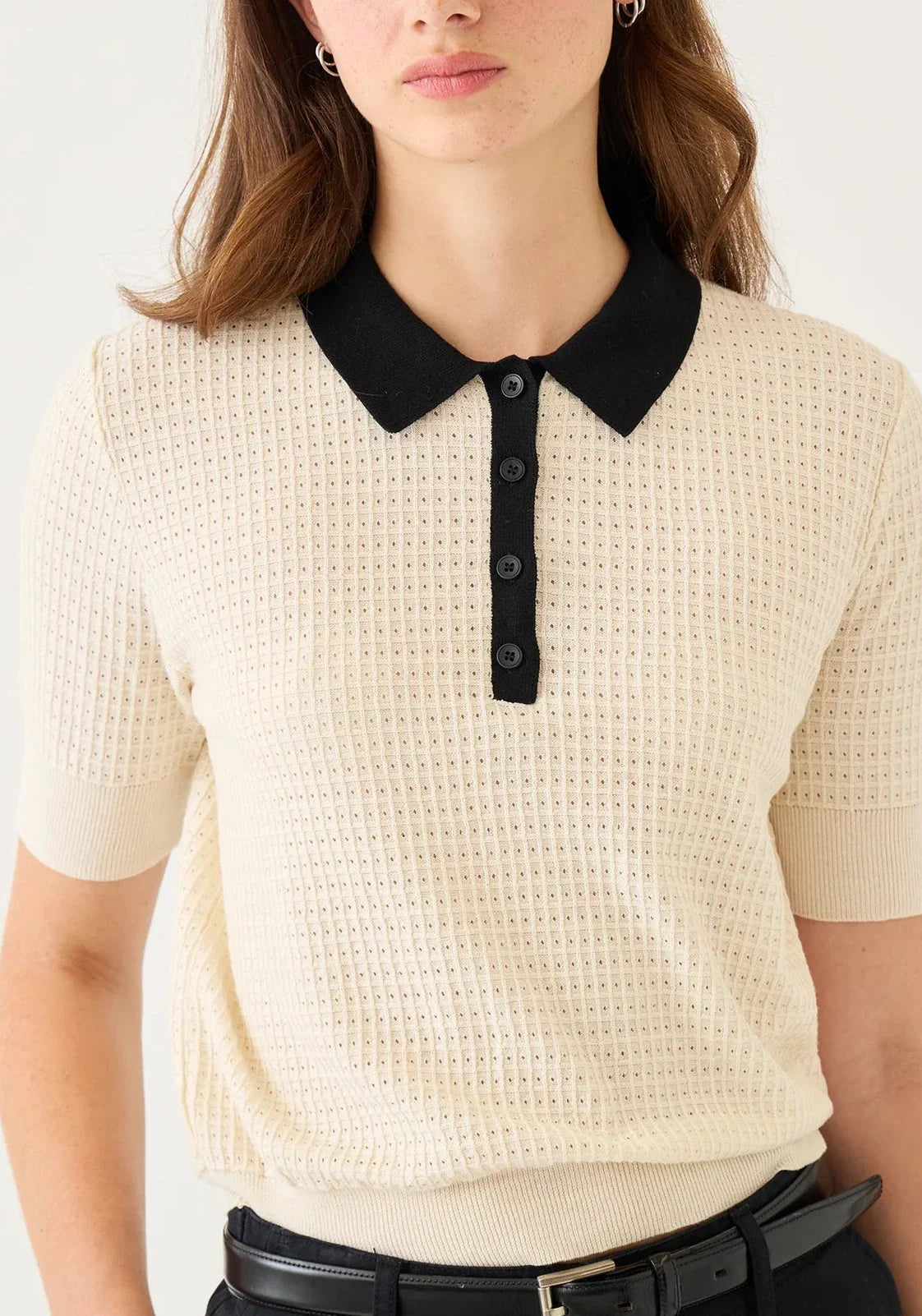 Celia Waffle Pointelle Polo Top - Ecru / Black