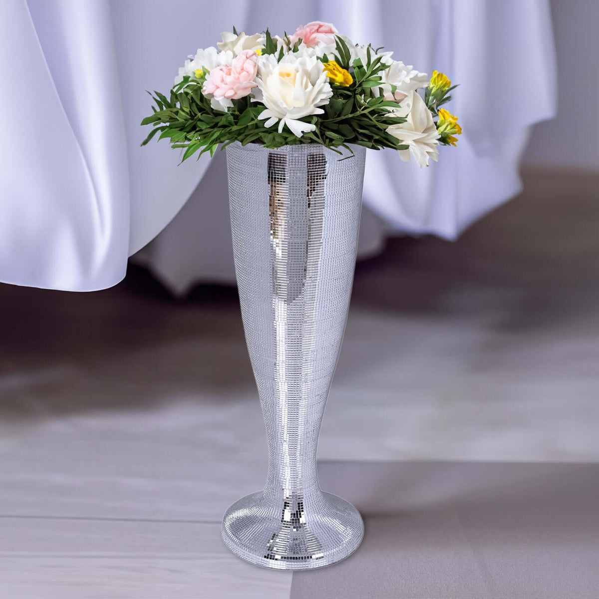 Silver Polystone Mirror Mosaic Pedestal Trumpet Floor Vase 32" Tall