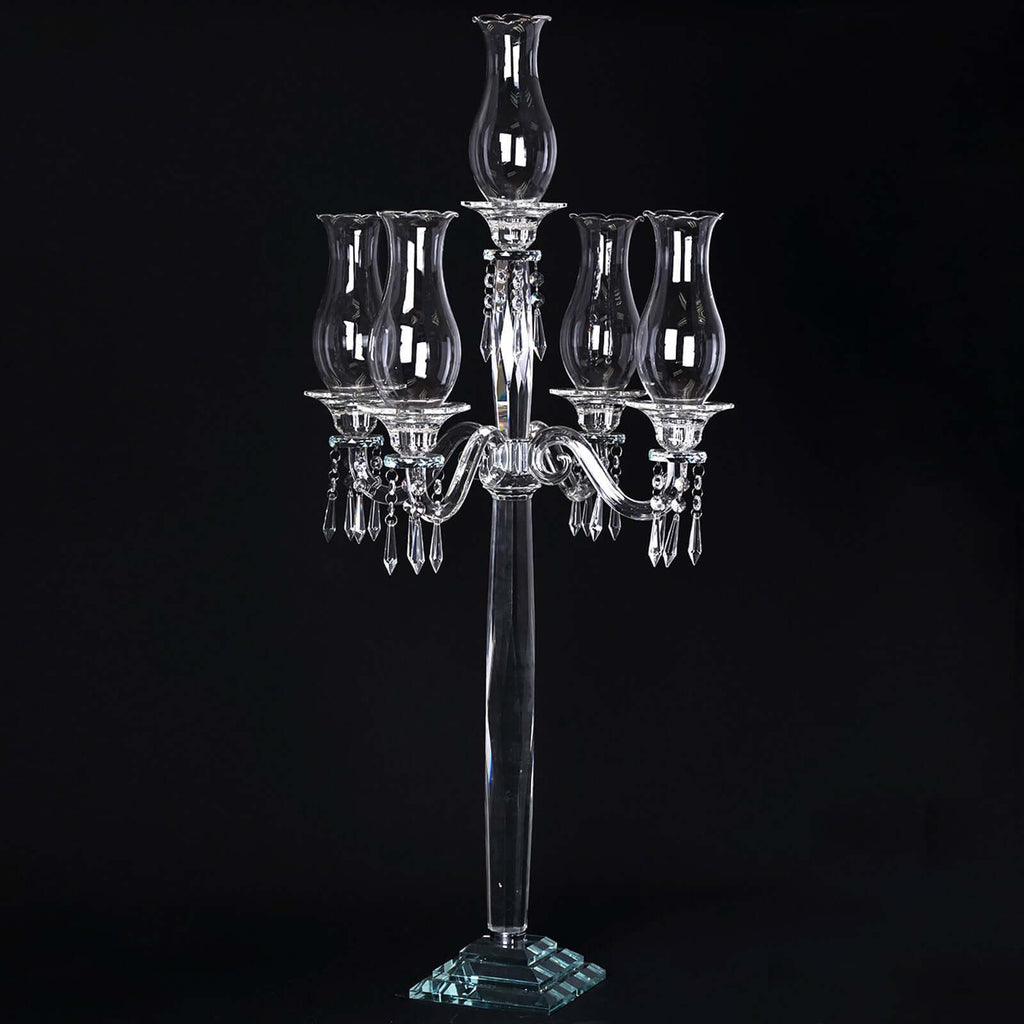 5 Arm Crystal Glass Taper Candle Holder Candelabra 40" - Luxurious Table Centerpiece With Chandelier Chains