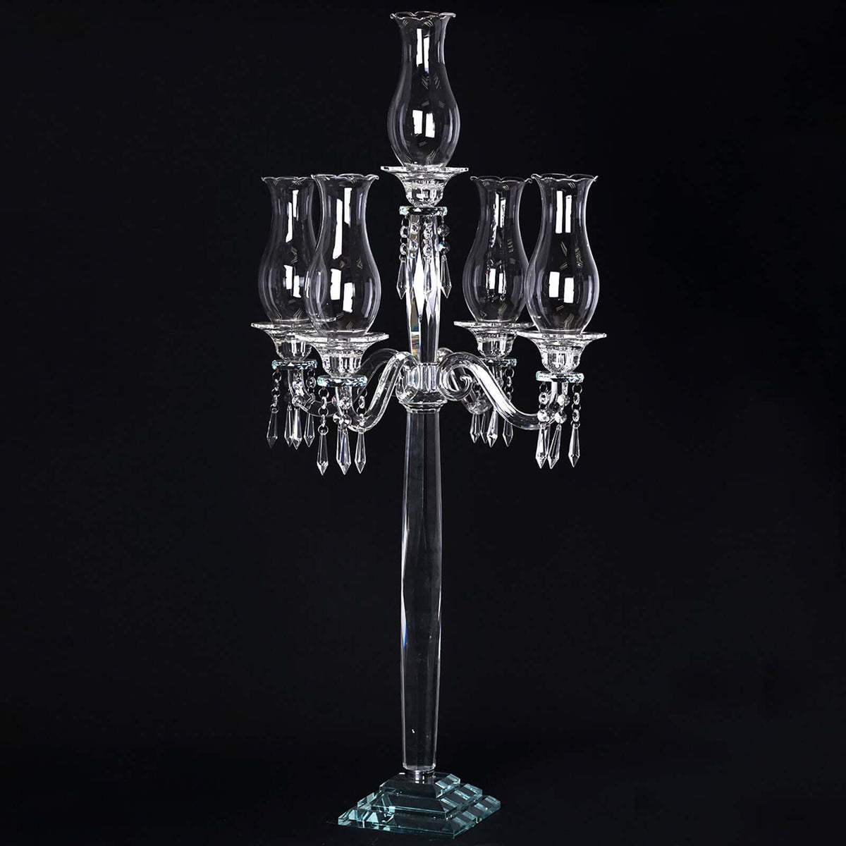 5 Arm Crystal Glass Taper Candle Holder Candelabra 40" - Luxurious Table Centerpiece With Chandelier Chains