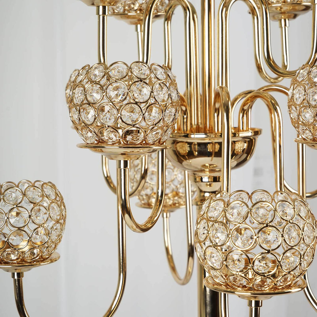 Metal Crystal Beaded Candelabra 40" Gold 13 Arm Design - Table Centerpiece for Events