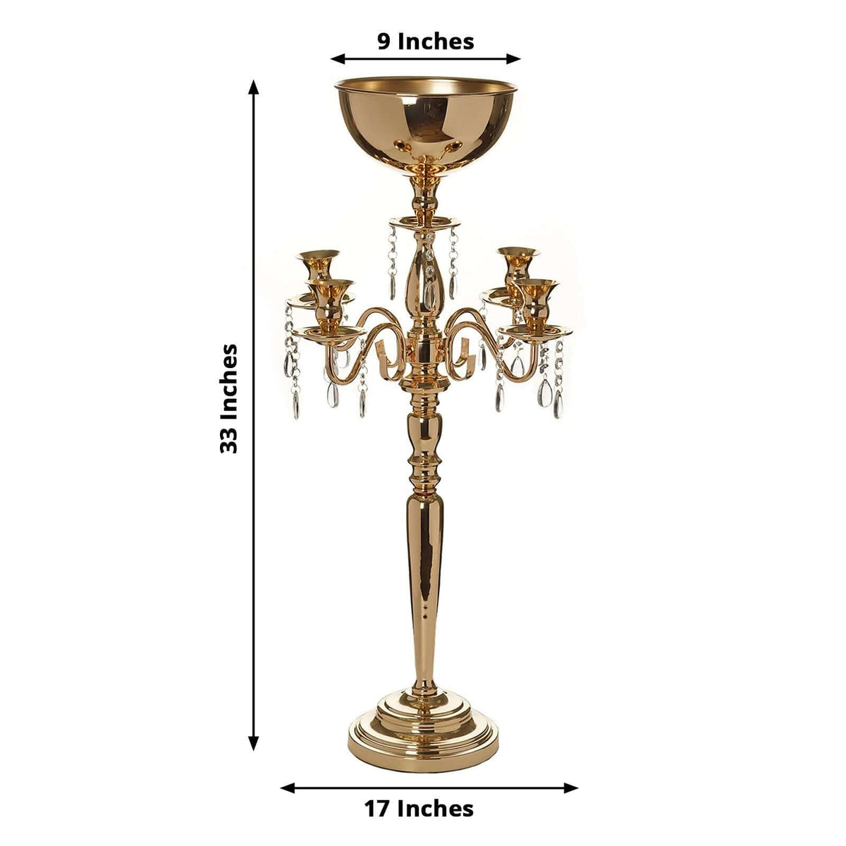 Metal Candelabra 33" 4 Arm Design Gold with Flower Vase Bowl - Table Centerpiece for Weddings