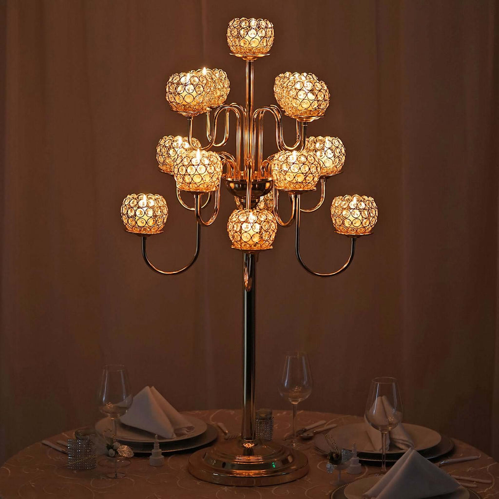Metal Crystal Beaded Candelabra 40" Gold 13 Arm Design - Table Centerpiece for Events