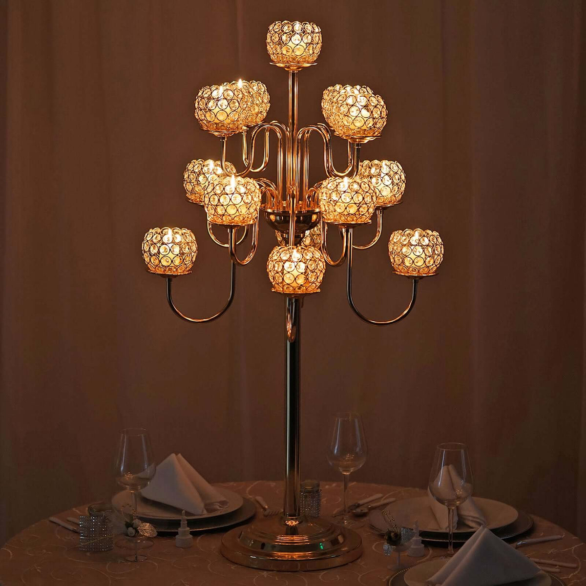 Metal Crystal Beaded Candelabra 40" Gold 13 Arm Design - Table Centerpiece for Events