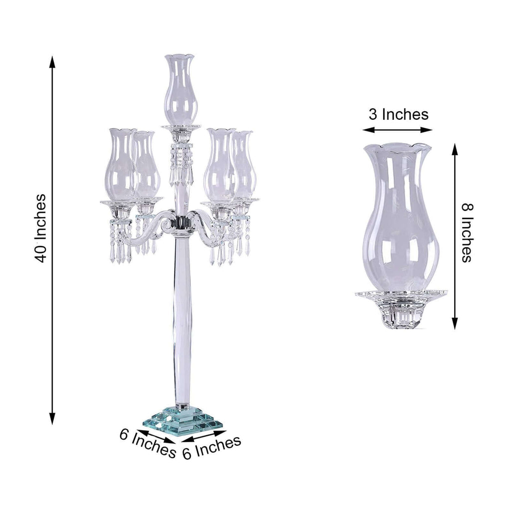 5 Arm Crystal Glass Taper Candle Holder Candelabra 40" - Luxurious Table Centerpiece With Chandelier Chains