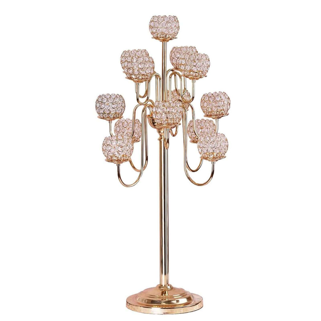 Metal Crystal Beaded Candelabra 40" Gold 13 Arm Design - Table Centerpiece for Events