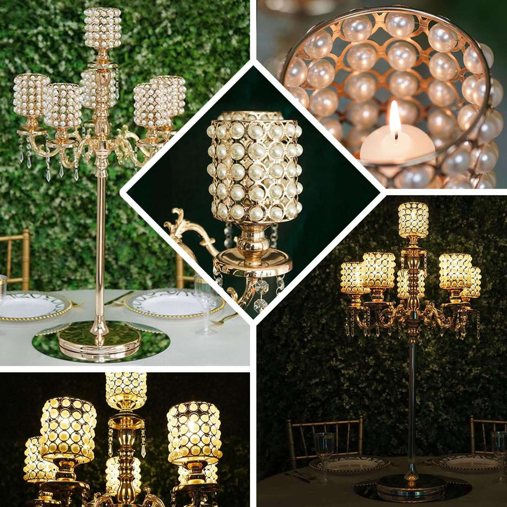 Metal Pearl Beaded Candelabra in Gold 6-Arm with Crystal Chandelier Pendants, Adjustable Table Centerpiece