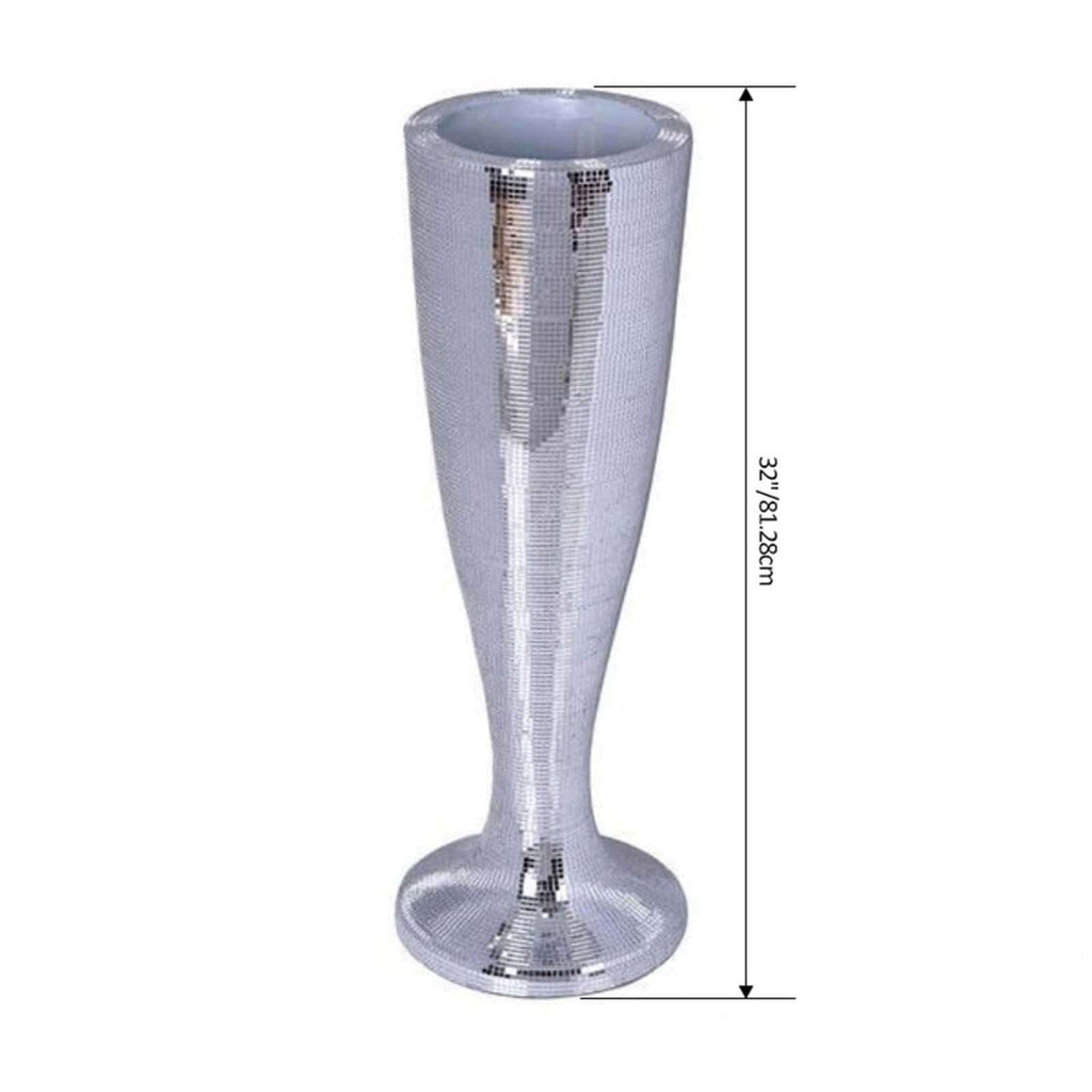 Silver Polystone Mirror Mosaic Pedestal Trumpet Floor Vase 32" Tall