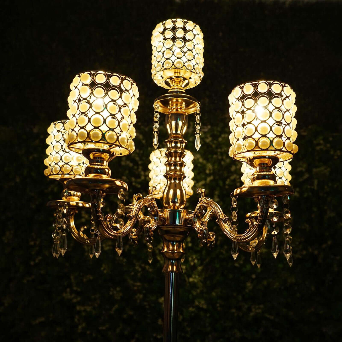 Metal Pearl Beaded Candelabra in Gold 6-Arm with Crystal Chandelier Pendants, Adjustable Table Centerpiece