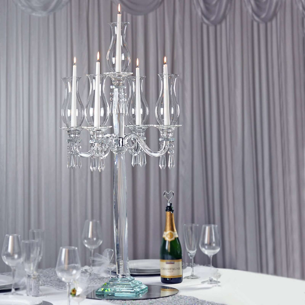 5 Arm Crystal Glass Taper Candle Holder Candelabra 40" - Luxurious Table Centerpiece With Chandelier Chains