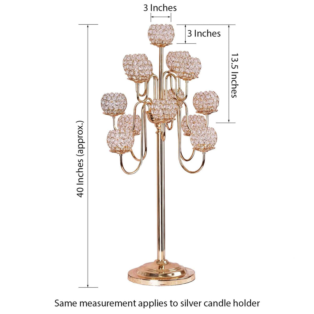 Metal Crystal Beaded Candelabra 40" Gold 13 Arm Design - Table Centerpiece for Events