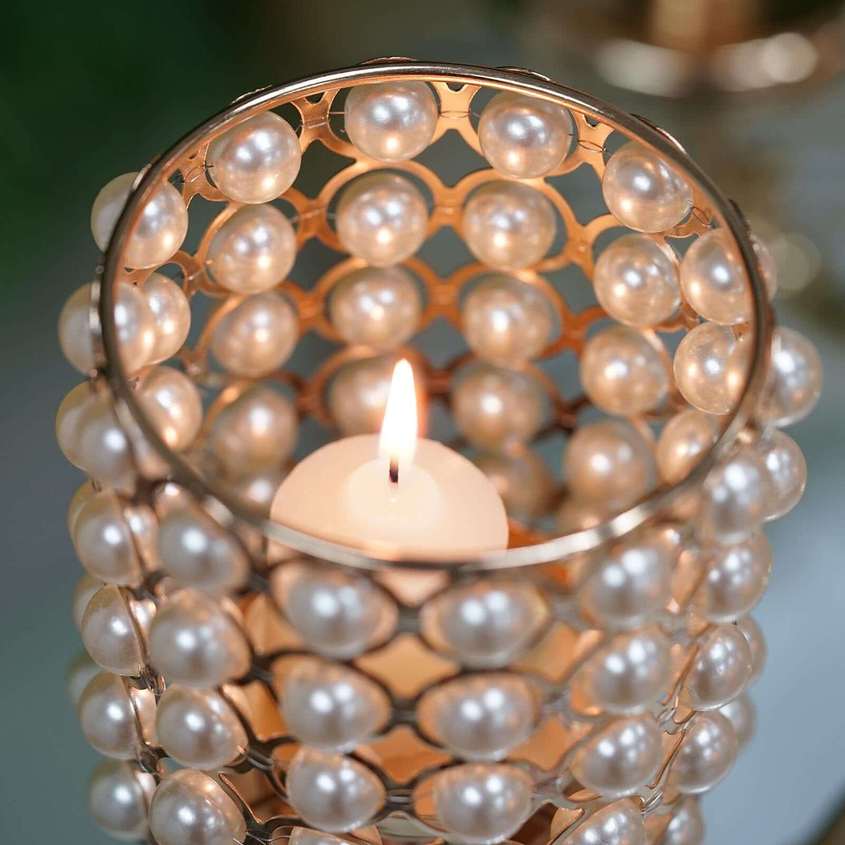 Metal Pearl Beaded Candelabra in Gold 6-Arm with Crystal Chandelier Pendants, Adjustable Table Centerpiece