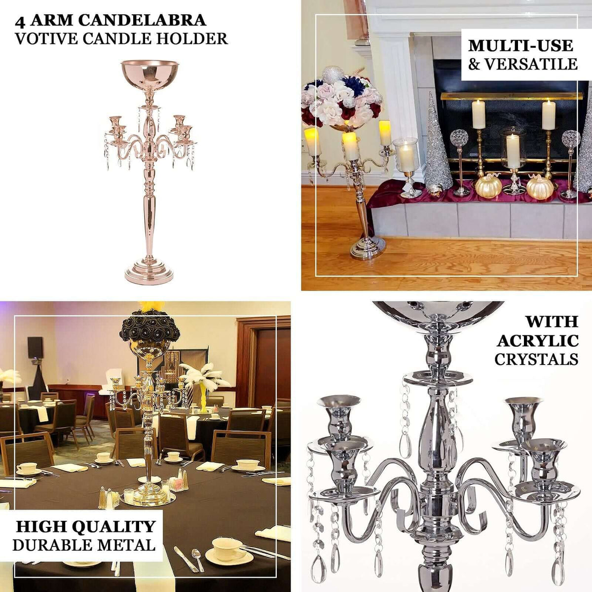 Metal Candelabra 33" 4 Arm Design Gold with Flower Vase Bowl - Table Centerpiece for Weddings