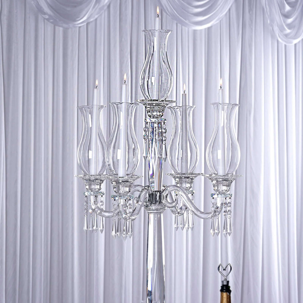 5 Arm Crystal Glass Taper Candle Holder Candelabra 40" - Luxurious Table Centerpiece With Chandelier Chains
