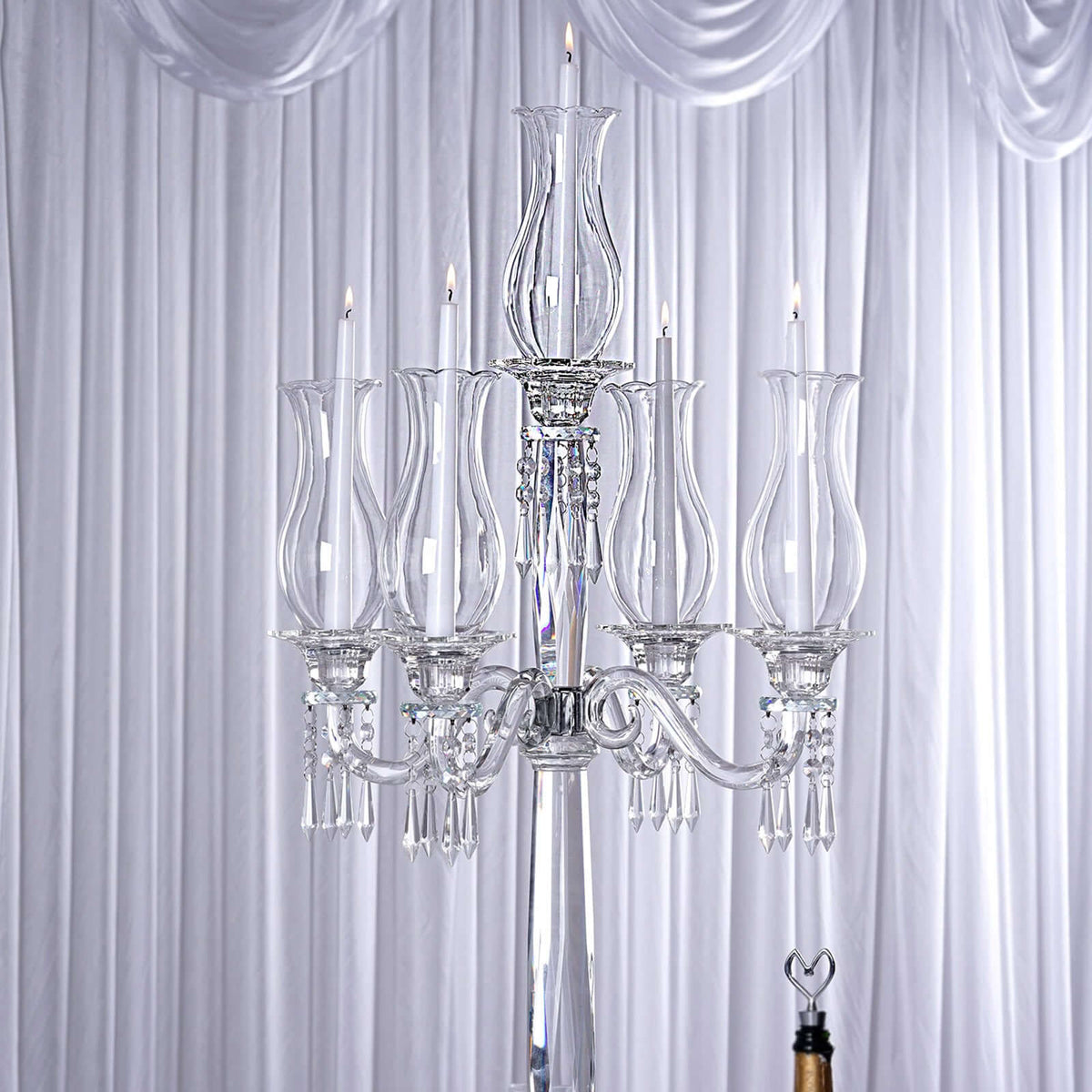 5 Arm Crystal Glass Taper Candle Holder Candelabra 40" - Luxurious Table Centerpiece With Chandelier Chains